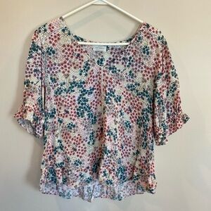 Lucky Brand Pink Ruffle Sleeve Top V Neck Womens Large Crochet Details